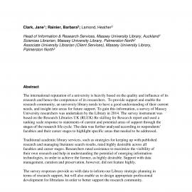 Exploring library support for Researcher needs in an academic context. Clark, J; Rainier, B; Lamond, H.