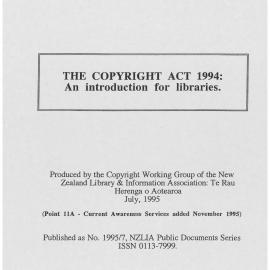 The Copyright Act 1994: An introduction for Libraries.