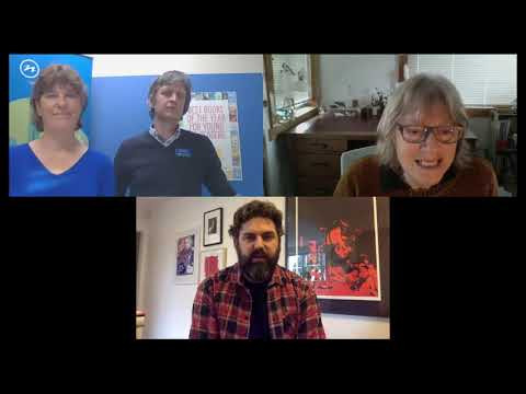 Toby Morris and Janet Hunt in an #NZCYA Books Alive event with LIANZA